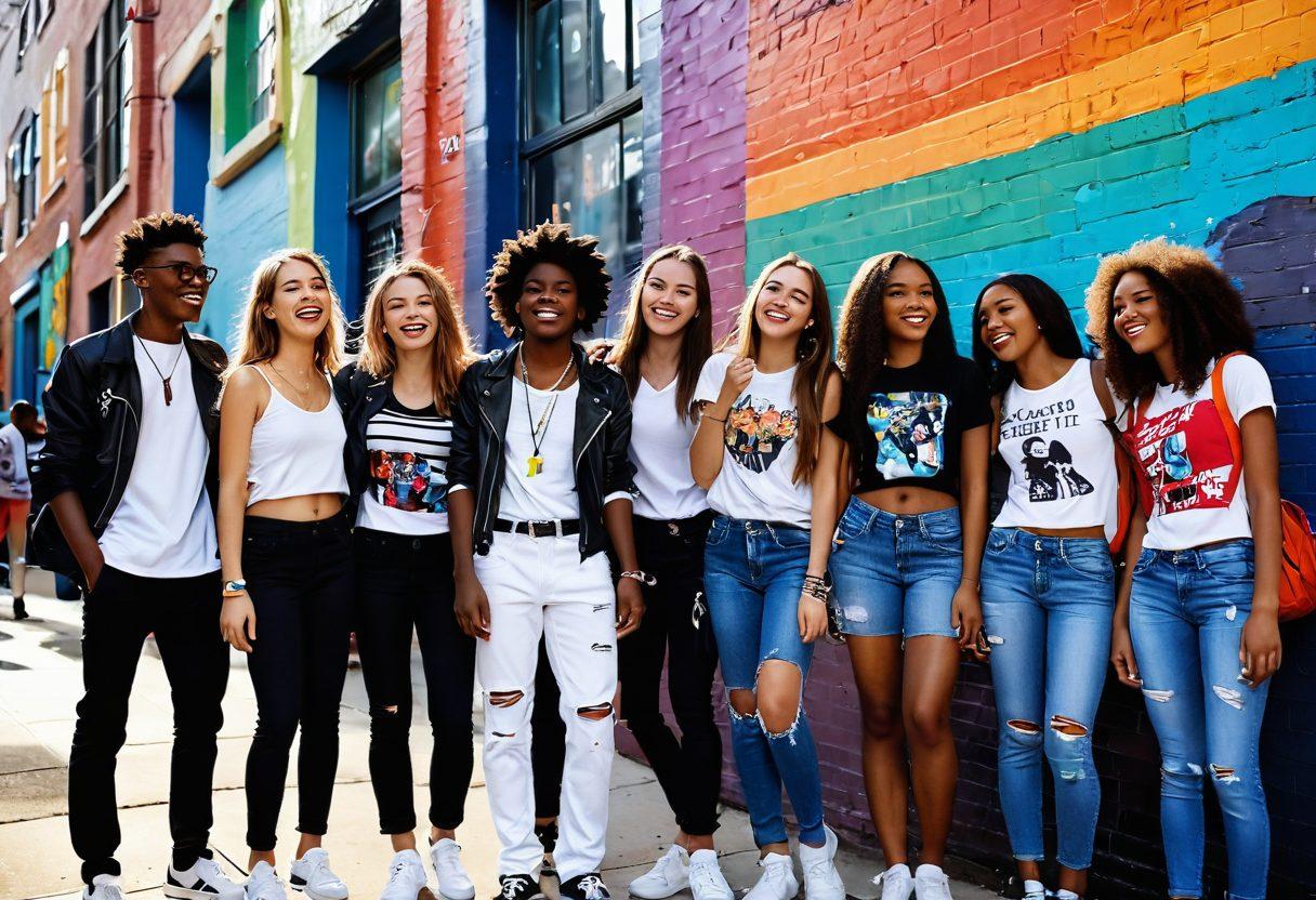 A diverse group of enthusiastic teenagers in a vibrant urban setting, animatedly discussing art, music, and fashion. Include elements like colorful street art, musical instruments, and fashion accessories scattered around. Capture their facial expressions of excitement and curiosity, with an inviting atmosphere that inspires connection and creativity. Expressive colors and lively details to enhance the cultural engagement theme. super-realistic. vibrant colors. dynamic composition.