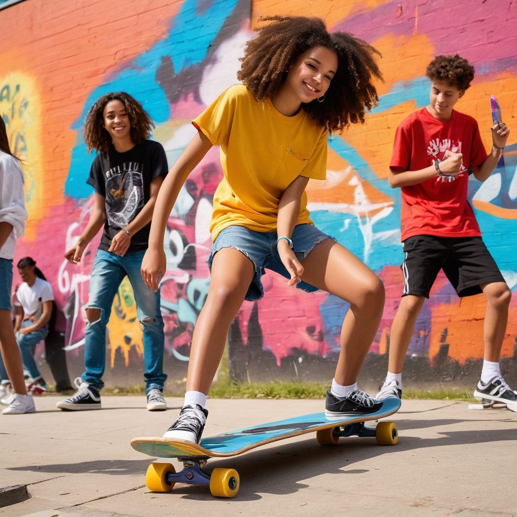 A vibrant scene depicting diverse teenagers engaged in various activities, such as skateboarding, painting, and sharing ideas in a park setting, symbolizing connection and creativity. Include elements like colorful graffiti on walls, musical instruments, and inspirational quotes in the background. The atmosphere should feel energetic and inclusive, capturing the essence of youth culture and lifestyle. super-realistic. vibrant colors. natural lighting.