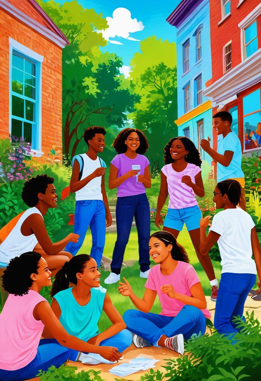 A colorful and dynamic scene depicting a diverse group of teenagers engaged in various community activities, such as art projects, group discussions, and outdoor games. The background features cheerful murals and greenery, symbolizing growth and connection. Radiating energy and joy, the image captures the essence of empowerment through collaboration and shared experiences. bright and lively. vibrant colors. illustration.